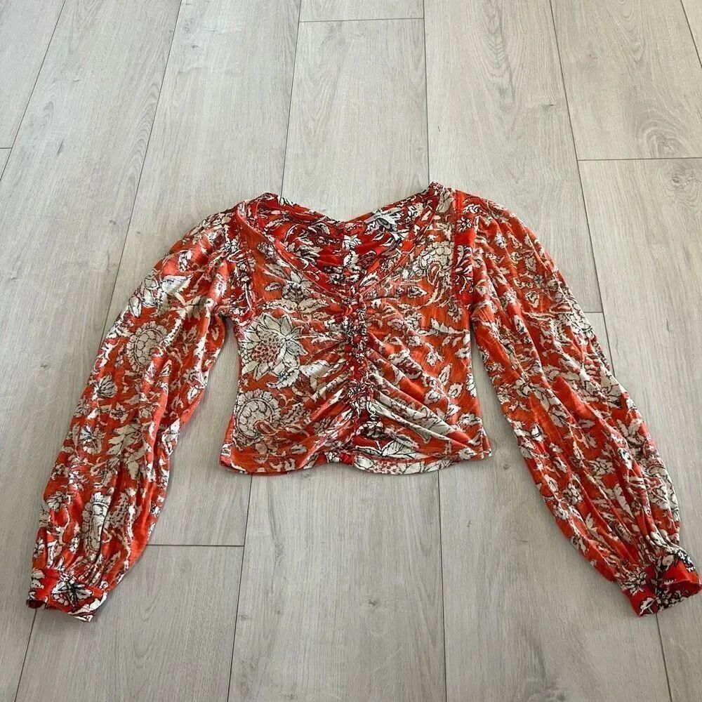 Free People Say The Word Top Balloon Long Sleeve Red Floral Ruched Size xs
